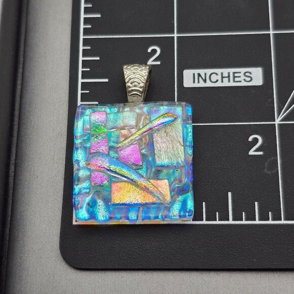 Artisian Dichroic Glass Pendant 1.5" Iridescent Geometric Design Silver-Tone Bai - Picture 7 of 7